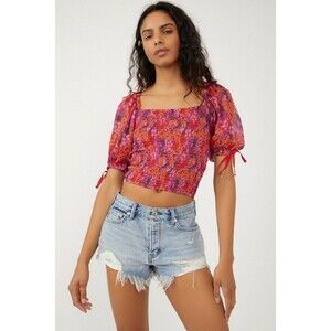 Free People Back On Cropped Top Smocked Floral Printed Balloon Sleeve XS 272995